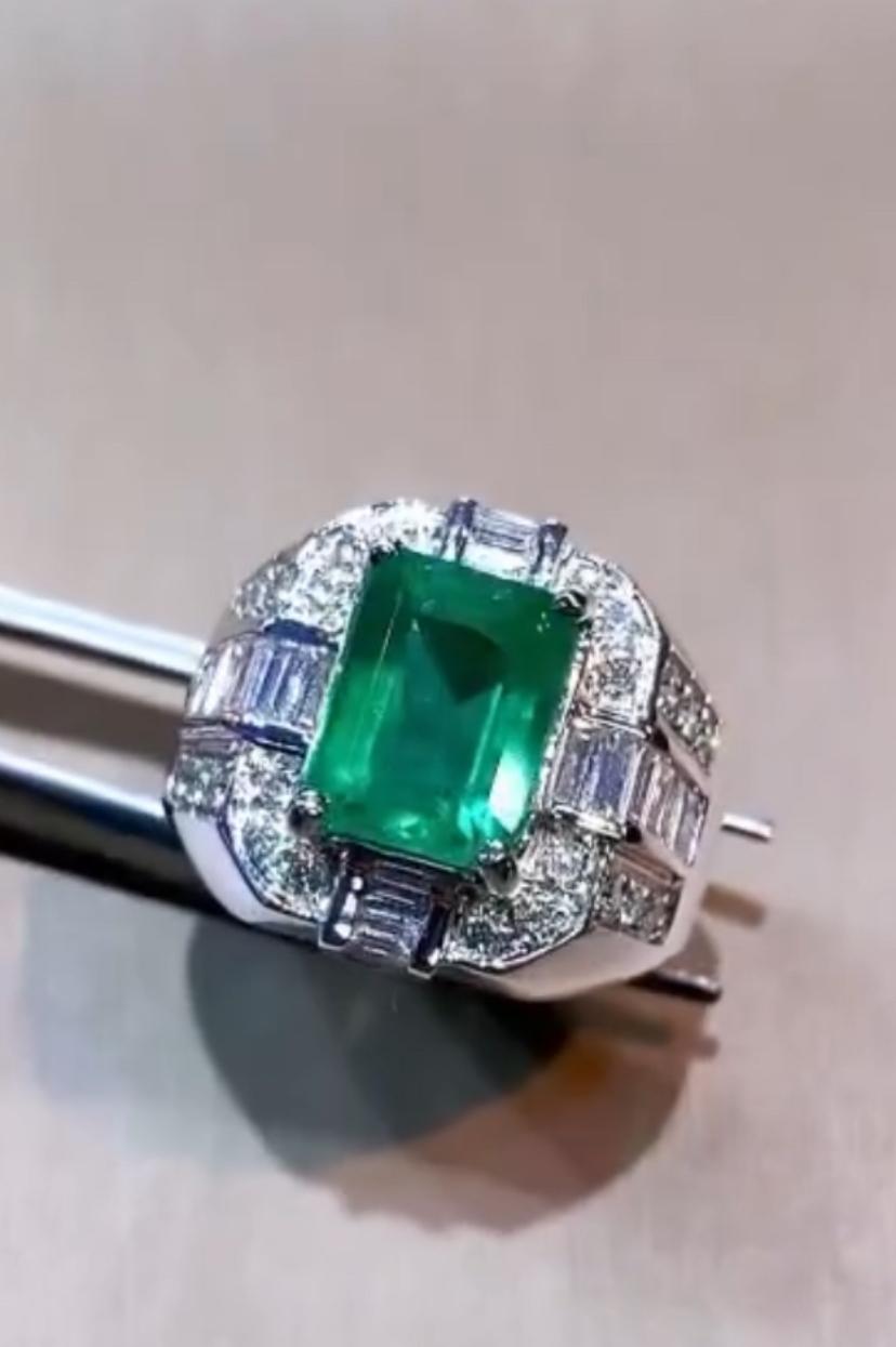 Women's or Men's AIG Certified 3.89 Carat Zambian Emerald  1.28 Ct Diamonds 18K Gold  Ring For Sale