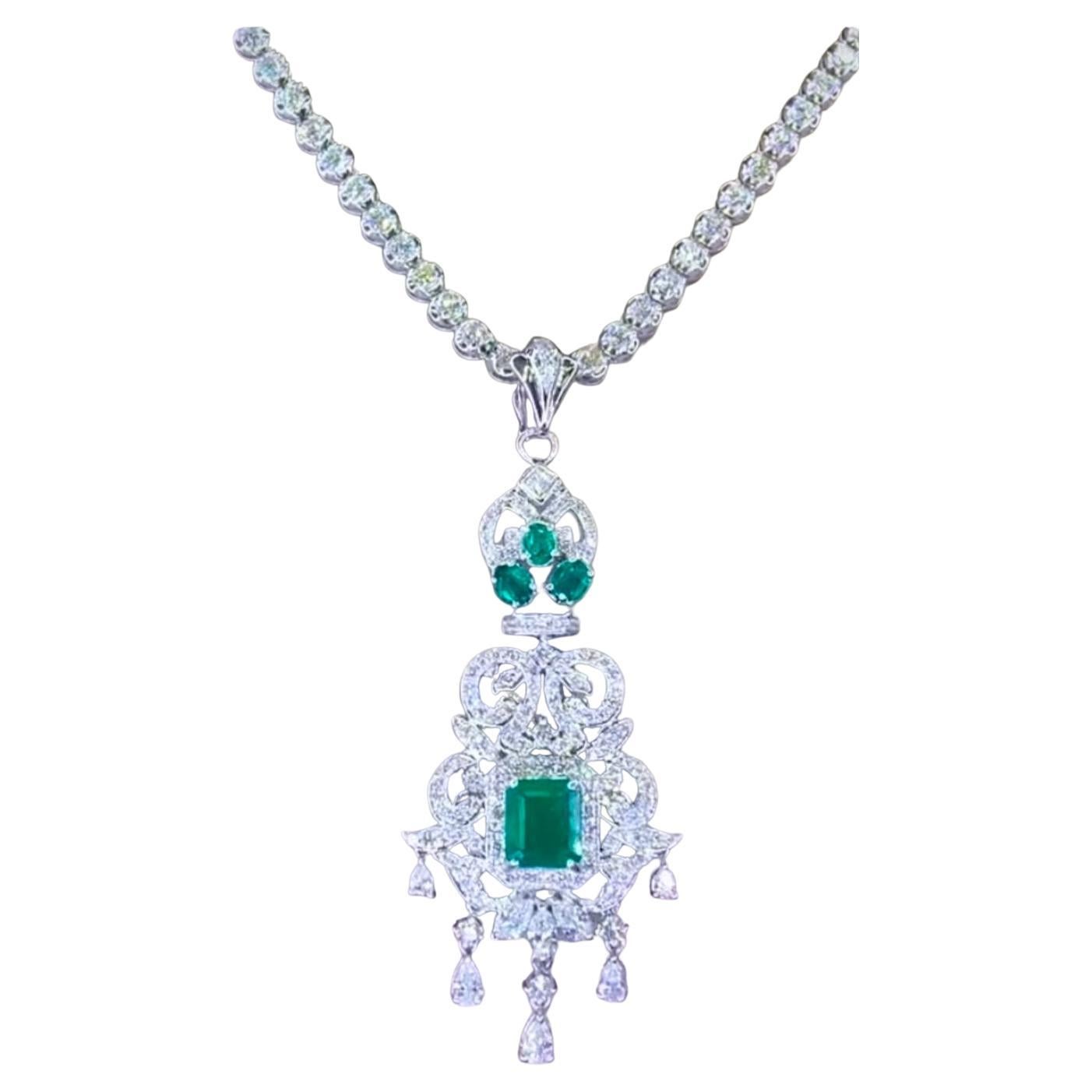 AIG Certified 3.90 Carat Diamonds 3.45 Carat Zambian Emeralds 18K Gold Pendant