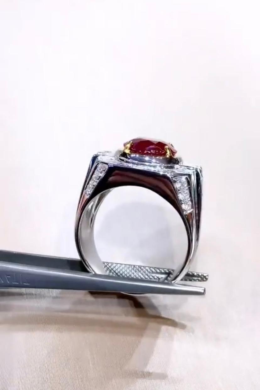 Oval Cut AIG Certified 3.90 Carats Burma Ruby  1.70 Ct Diamonds 18K Gold Ring  For Sale