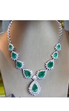 Certified 39.00 Carats Zambian Emeralds 12.00 Ct Diamonds 18k Gold Necklace