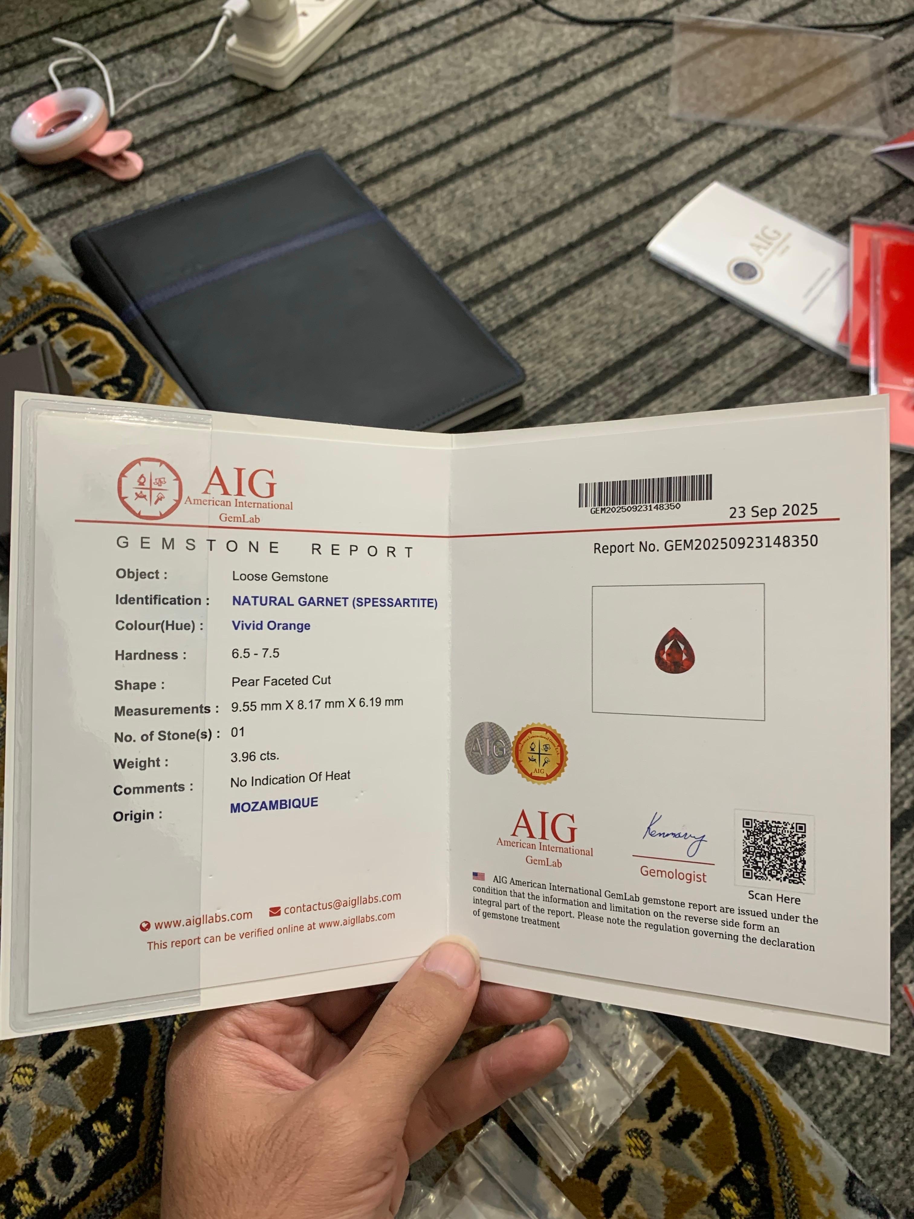 AIG Certified 3.96 Carat Natural Loose Spessartite Garnet Pear Shape Gemstone For Sale 7