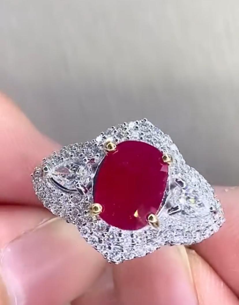 Oval Cut AIG Certified 4.00 Carat Burma Ruby 1.30 Ct Diamonds 18K Gold Ring For Sale