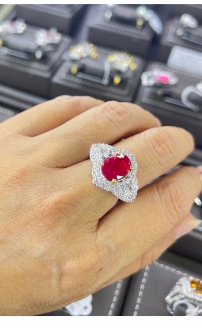 AIG Certified 4.00 Carat Burma Ruby 1.30 Ct Diamonds 18K Gold Ring For Sale 1