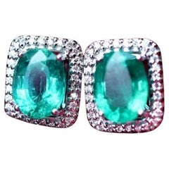 AIG Certified 4.00 Carats Zambian Emeralds Diamonds 18K Gold Earrings