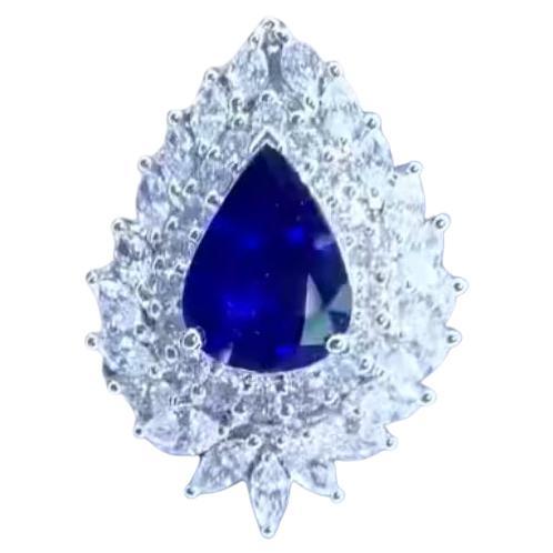 AIG Certified 4.00 Ct Blue Royal Ceylon Sapphire 2.40 Ct Diamonds 18K Gold Ring