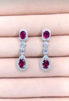 AIG Certified 4.00 Ct Siamese Rubies Diamonds 18K Gold Earrings