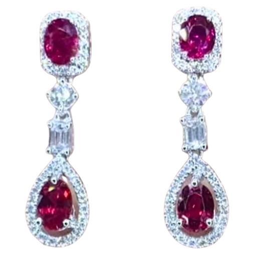 AIG Certified 4.00 Ct Siamese Rubies Diamonds 18K Gold Earrings