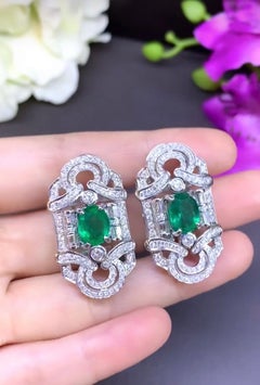 AIG Certified 4.00 Ct Zambian Emeralds  2.70 Ct Diamonds 18K Gold Earrings
