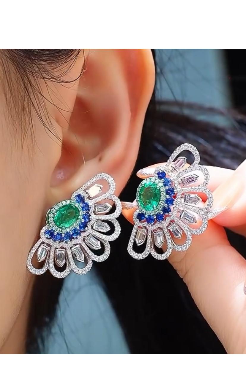 Women's AIG Certified 4.00 Ct Zambian Emeralds 3.60 Ct Diamonds 2.00 Ct Sapphire Earring For Sale