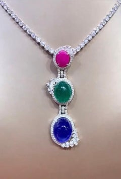 AIG Certified 40.00 Ct Burma Ruby Zambian Emerald Tanzanite Diamond Pendant
