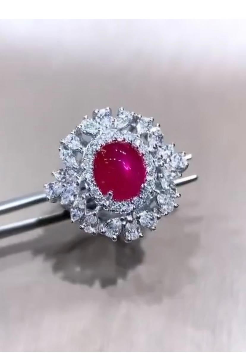 Cabochon AIG Certified 4.10 Carats Burma Ruby  2.30 Ct Diamonds 18K Gold Ring  For Sale