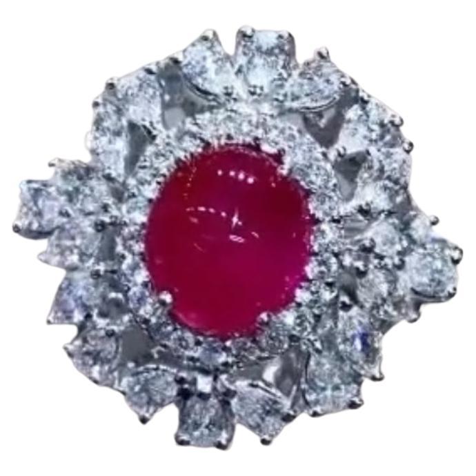 AIG Certified 4.10 Carats Burma Ruby  2.30 Ct Diamonds 18K Gold Ring 