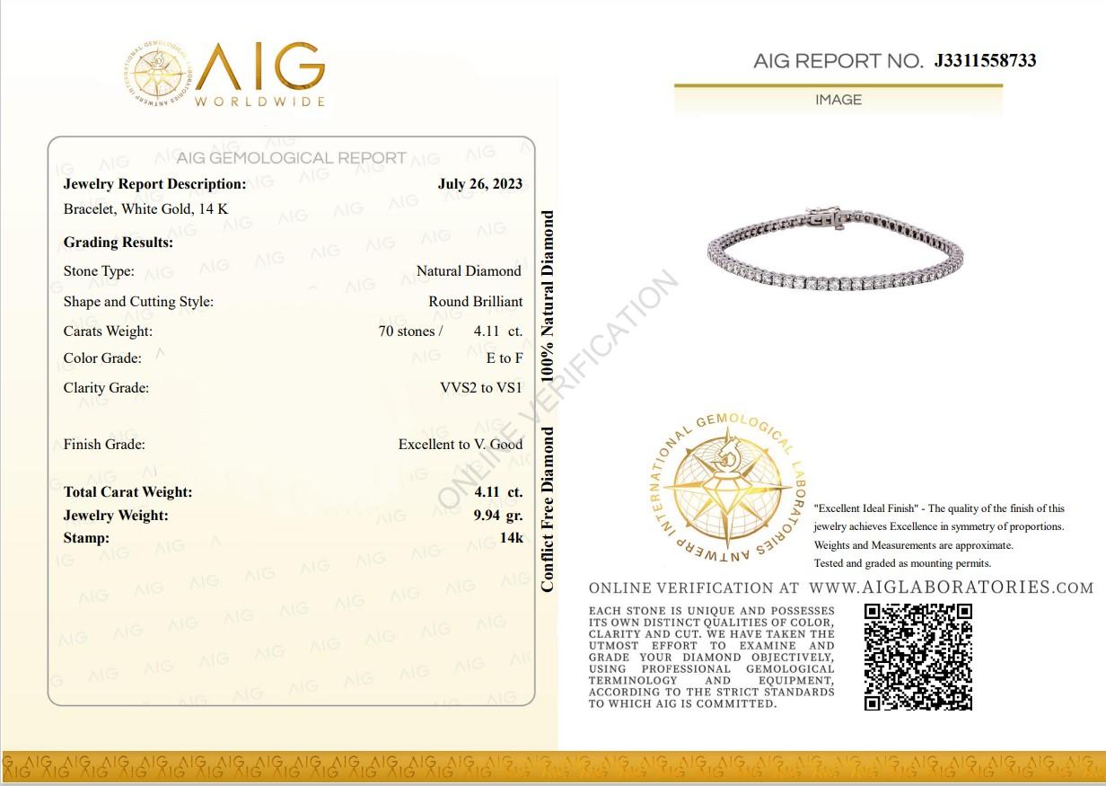 AIG Certified 4.11CT 14K White Gold Diamonds Tennis Bracelet For Sale 7