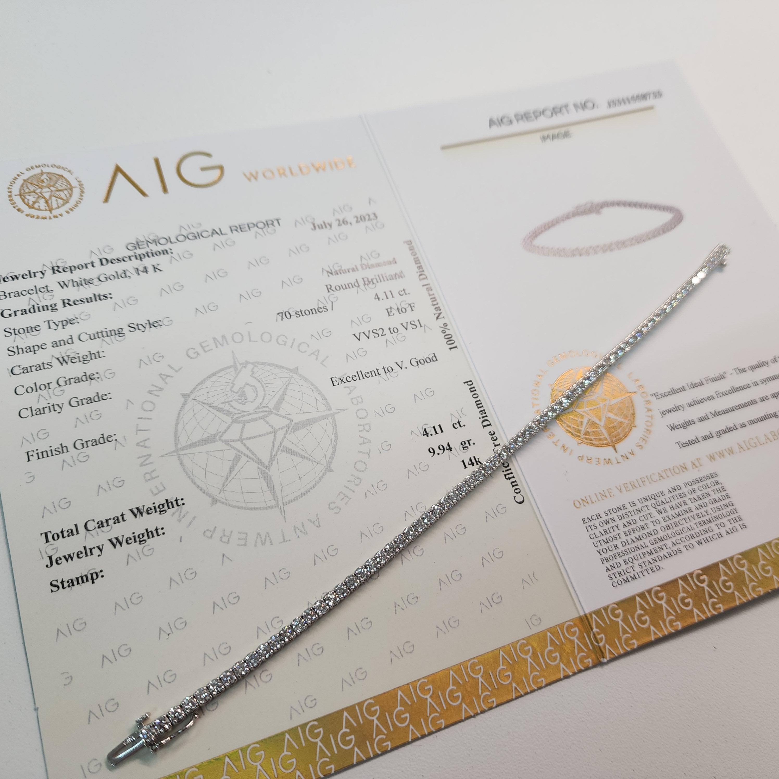 AIG Certified 4.11CT 14K White Gold Diamonds Tennis Bracelet For Sale 8