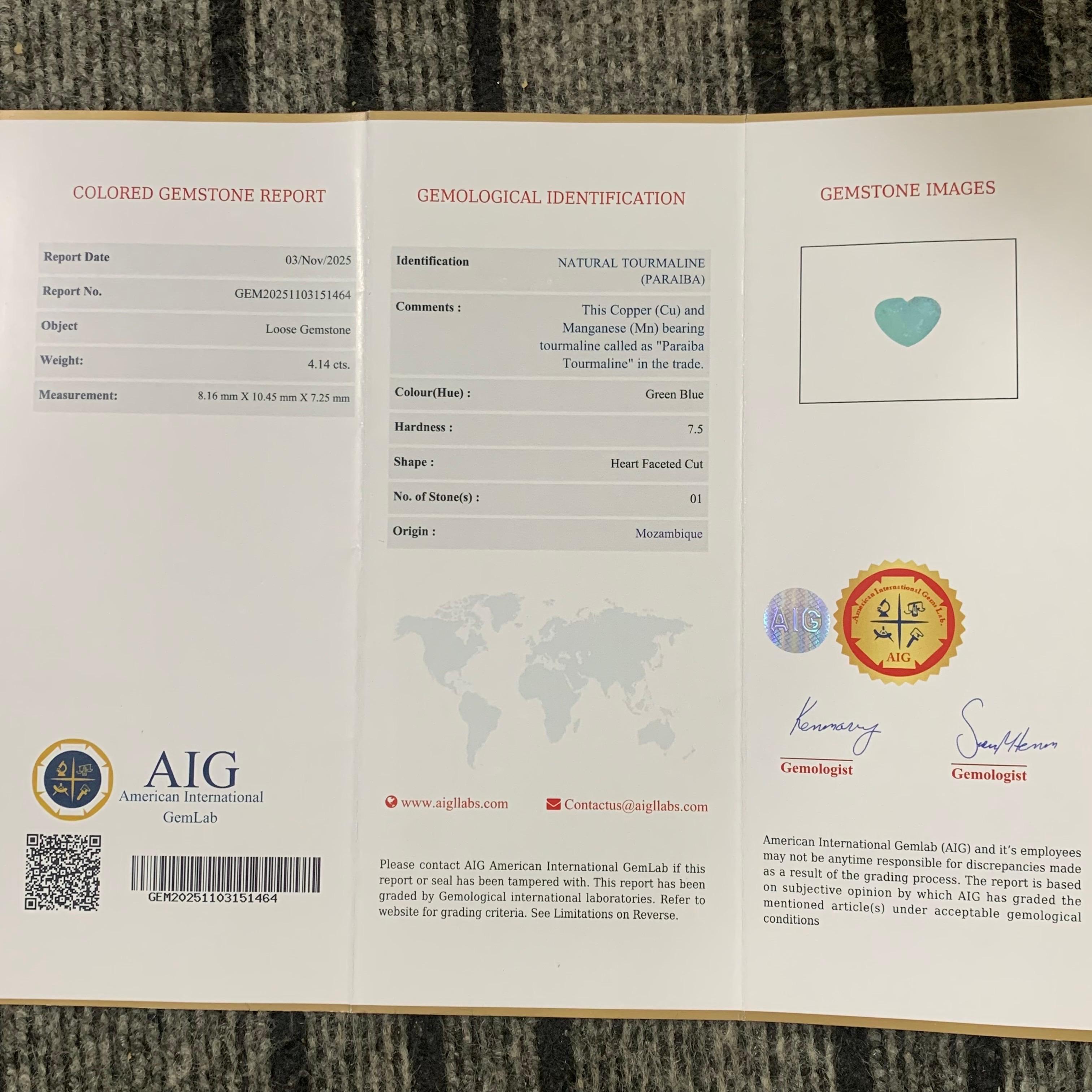 Gema natural suelta de turmalina paraiba en forma de corazón de 4,14 quilates certificada por AIG en venta 9