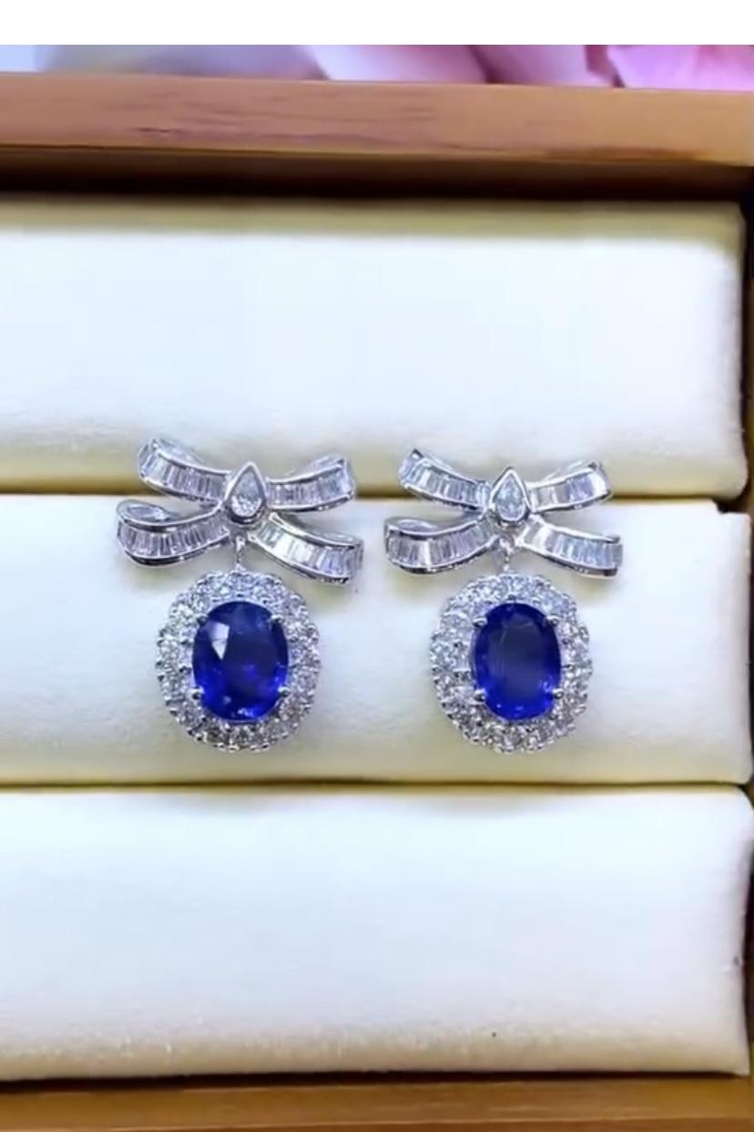 AIG Certified 4.15 Ct Ceylon Sapphires  2.40 Ct Diamonds 18K Gold Earrings For Sale 2