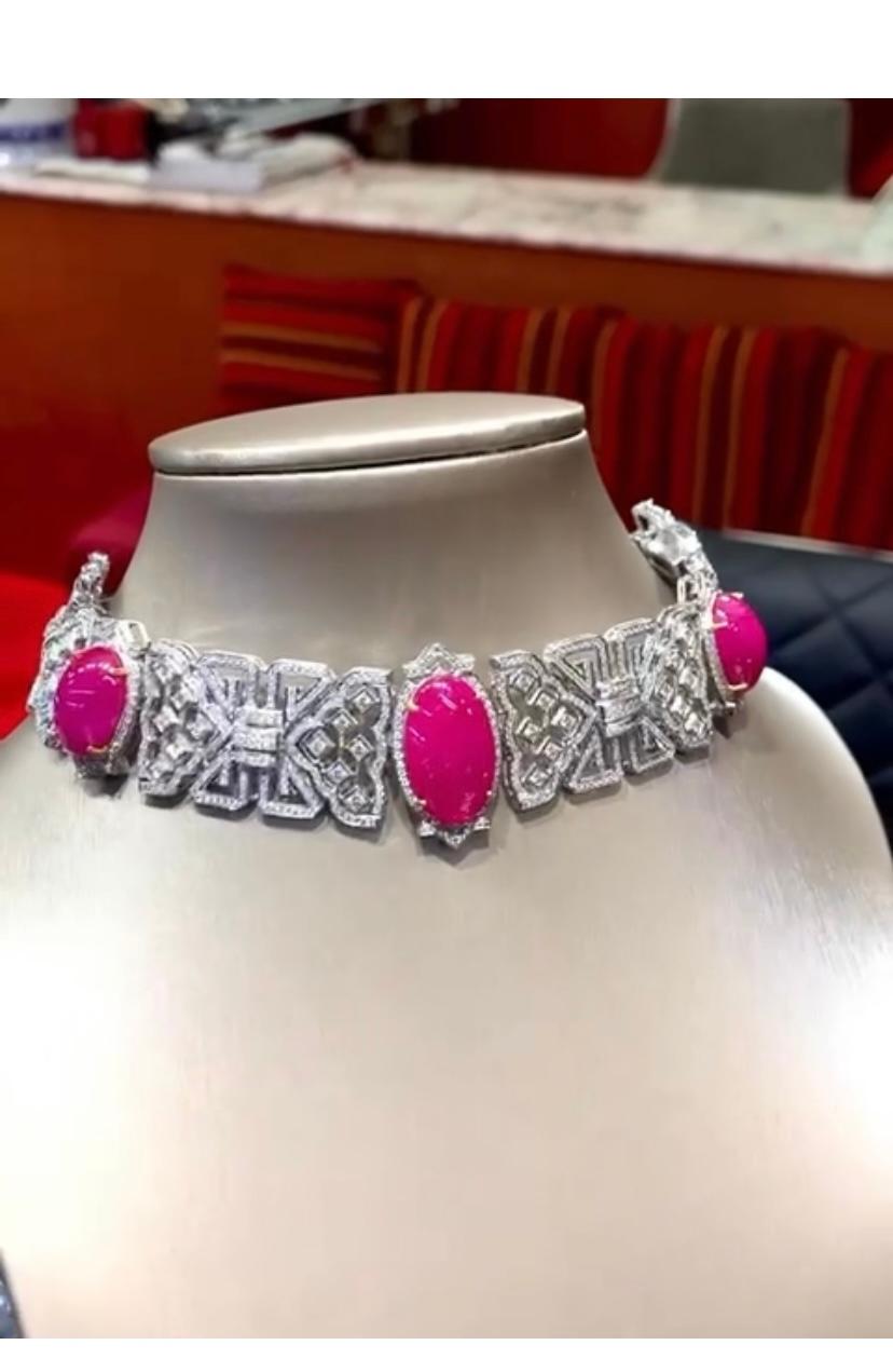 Women's AIG certified 41.57 ct of Burma rubies and 5.10 ct diamonds on 18k gold choker  For Sale