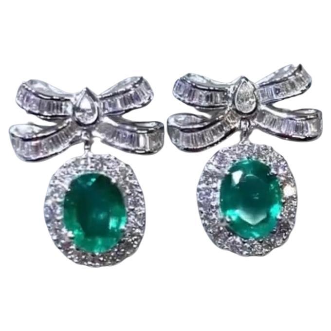 AIG Certified 4.30 Carats Zambian Emeralds  2.20 Ct Diamonds 18K Gold Earrings  For Sale
