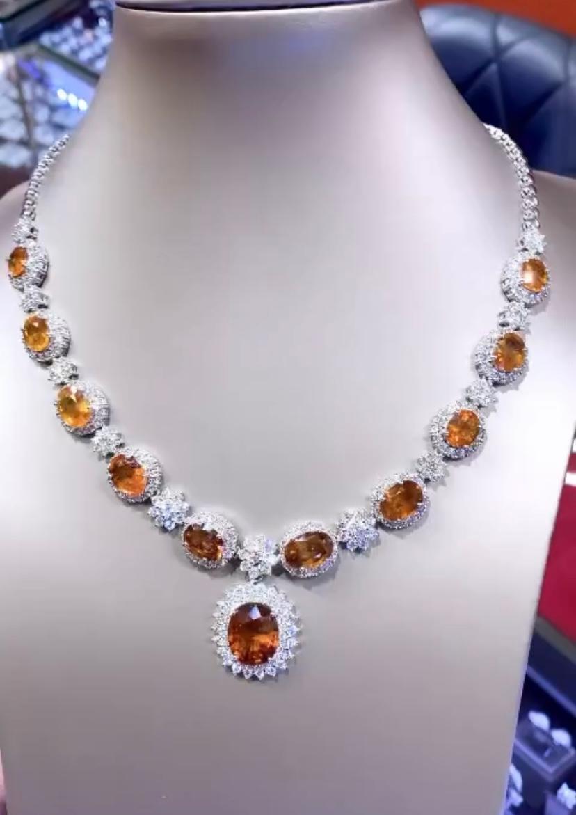 Oval Cut AIG Certified 43.00 Carats Orange Sapphires  12.00 Ct Diamonds 18k Gold Necklace For Sale