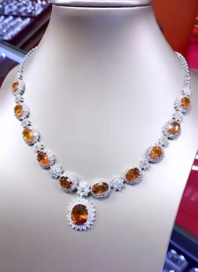 Women's AIG Certified 43.00 Carats Orange Sapphires  12.00 Ct Diamonds 18k Gold Necklace For Sale
