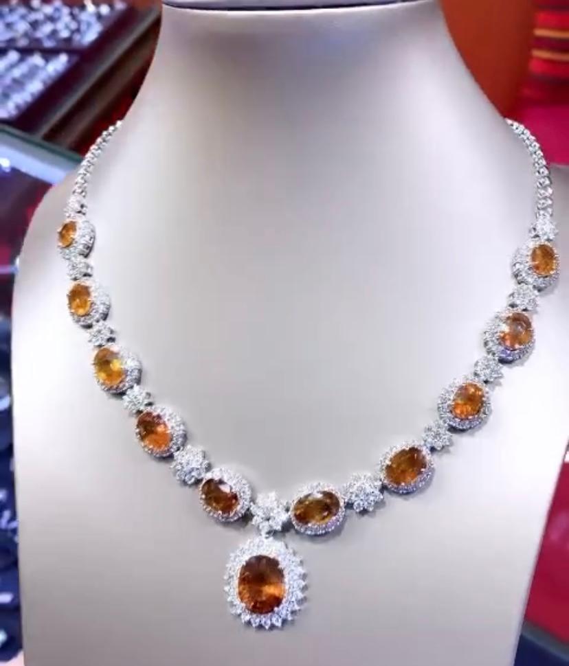 AIG Certified 43.00 Carats Orange Sapphires  12.00 Ct Diamonds 18k Gold Necklace For Sale 1
