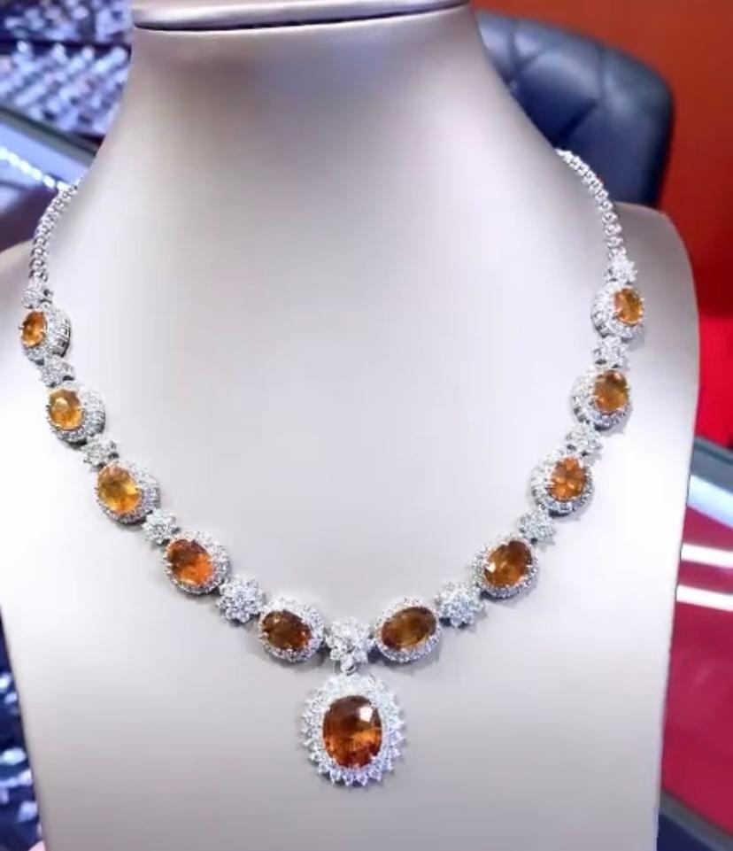 AIG Certified 43.00 Carats Orange Sapphires  12.00 Ct Diamonds 18k Gold Necklace For Sale 2
