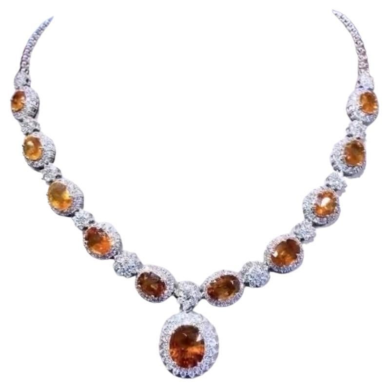 Saphirs orange certifiés AIG 43.00 carats  12.00 Ct Diamants Collier en or 18k
