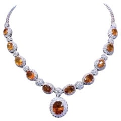 AIG Certified 43.00 Carats Orange Sapphires  12.00 Ct Diamonds 18k Gold Necklace