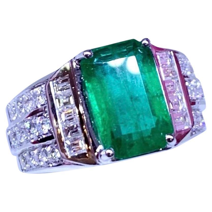 AIG Certified 4.00 Carat Zambian Emerald  1.48 Ct Diamonds  18K Gold Ring