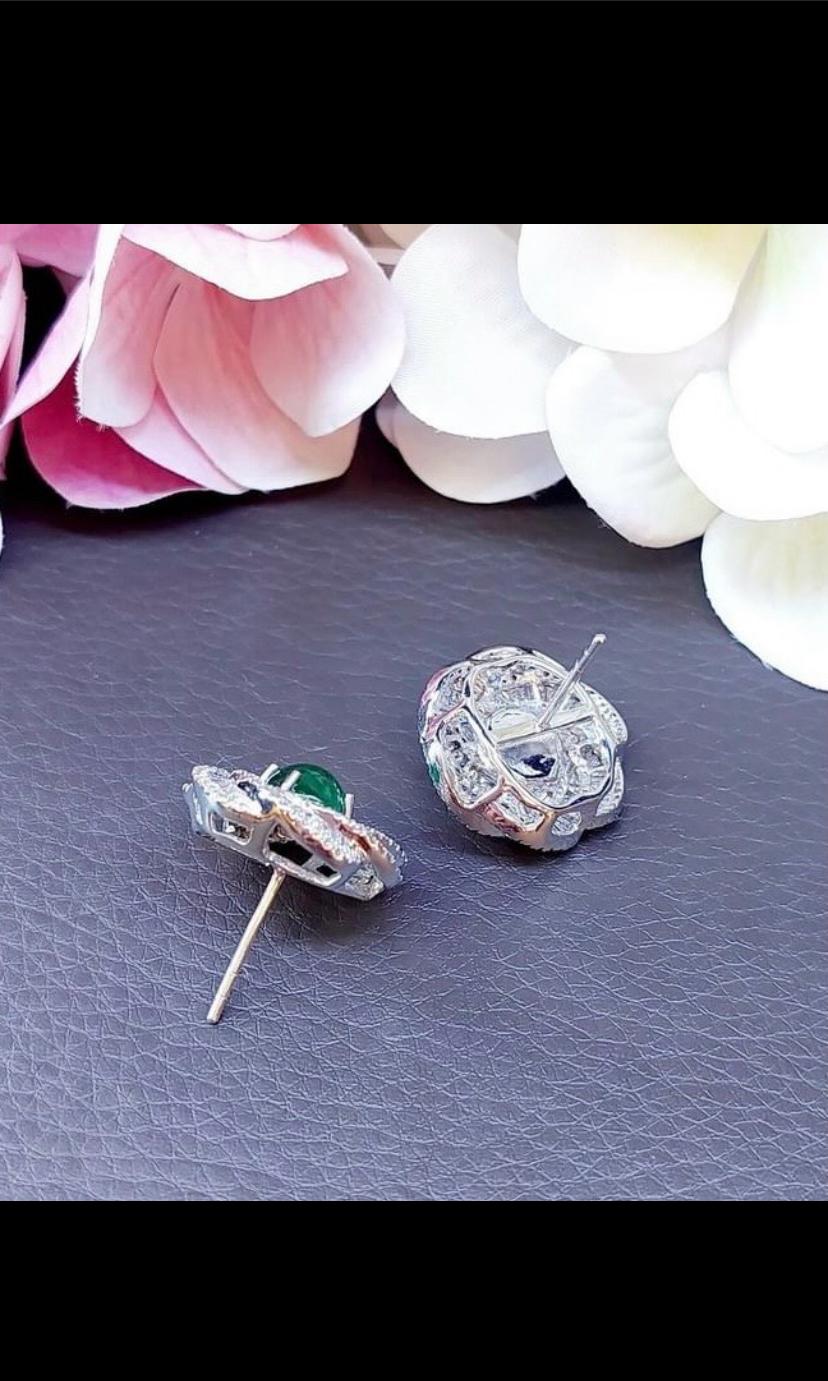 Cabochon AIG Certified 4.40 Cts Zambian Emeralds  2.80 Cts Diamonds 18K Gold Earrings For Sale