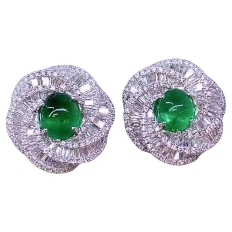 AIG Certified 4.40 Cts Zambian Emeralds  2.80 Cts Diamonds 18K Gold Earrings 