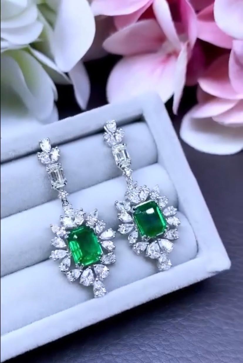Women's AIG Certified 4.50 Carats Diamonds. 3.64 Ct Zambian Emeralds 18K Gold Earrings  For Sale