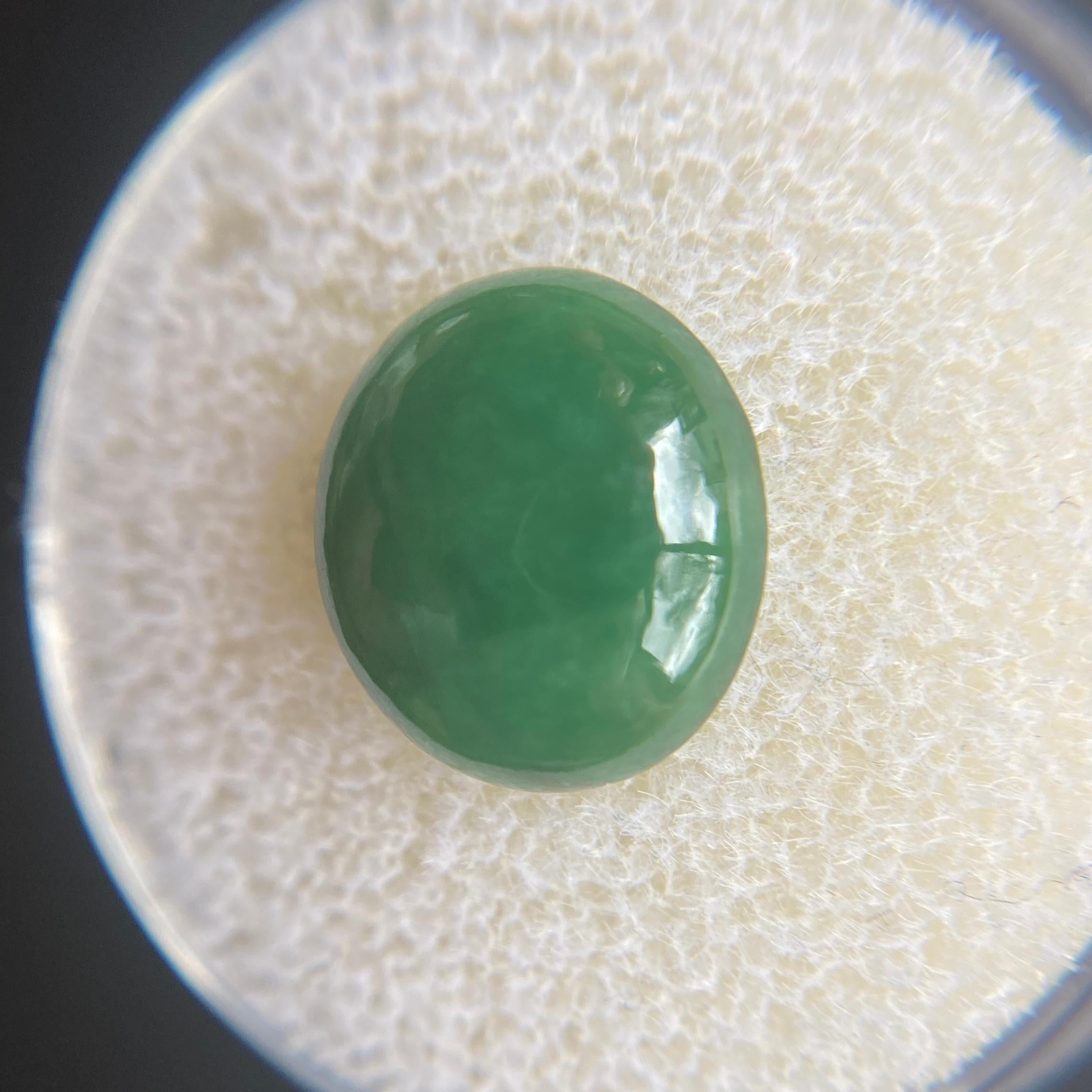 Natural A Grade Jadeite Gemstone.

4.51 Carat with an excellent oval cabochon cut. Fully certified by AIG.

Totally untreated Jadeite jade, referred to as ‘A’ grade in the trade. Mined in Burma, source of the finest jade.

No nicks or scratches on