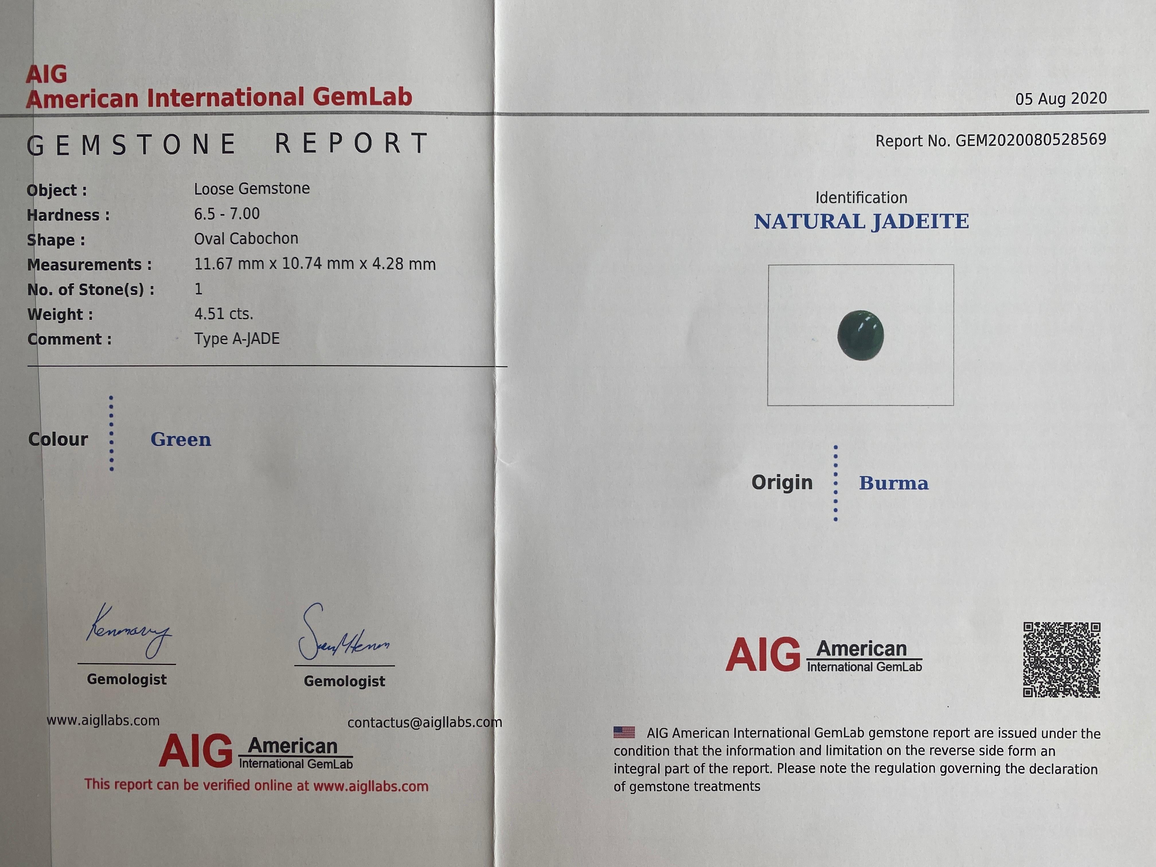 AIG Certified 4.51ct Jadeite Jade ‘A’ Grade Green Oval Untreated Rare Loose Gem In New Condition In Birmingham, GB