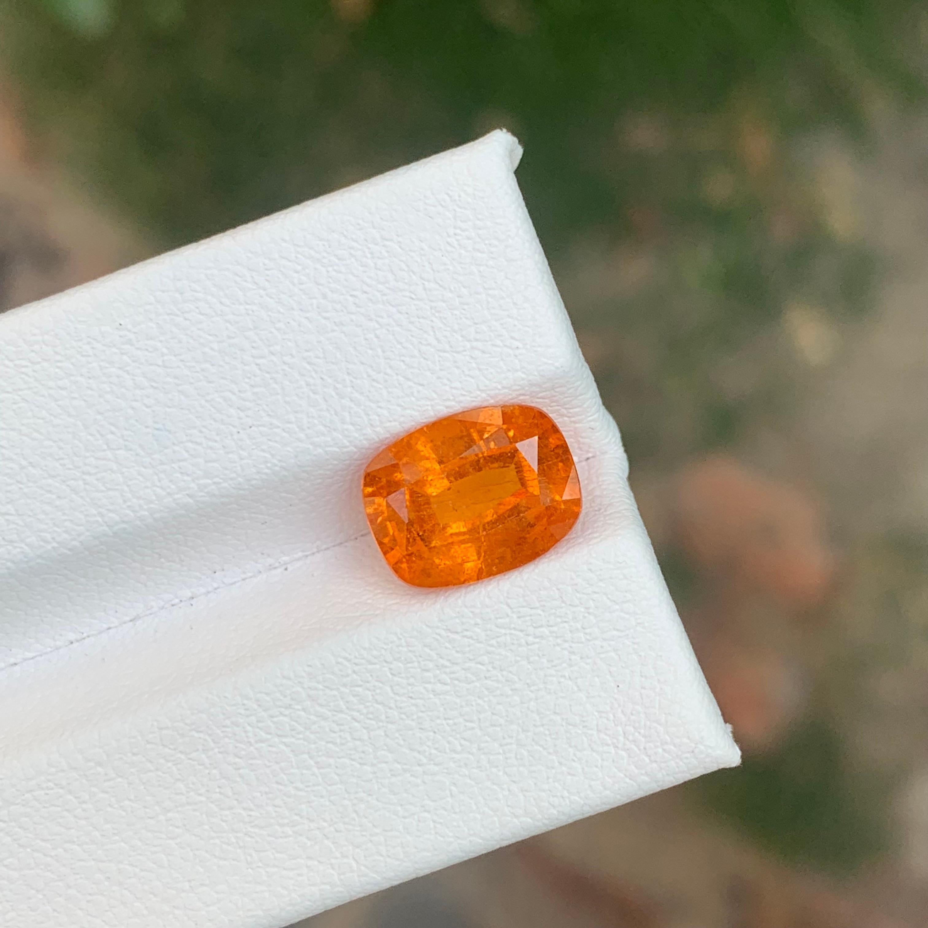 Faceted Spessartine Garnet

Weight: 4.55 Carats
Dimension: 10.86 x 8.48 x 5.08 Mm
Origin: Madagascar 
Shape: Cushion 
Color: Orange Fanta
Certificate: AIG Certificate Available 

Spessartine is a manganese-aluminum garnet; the manganese gives it the