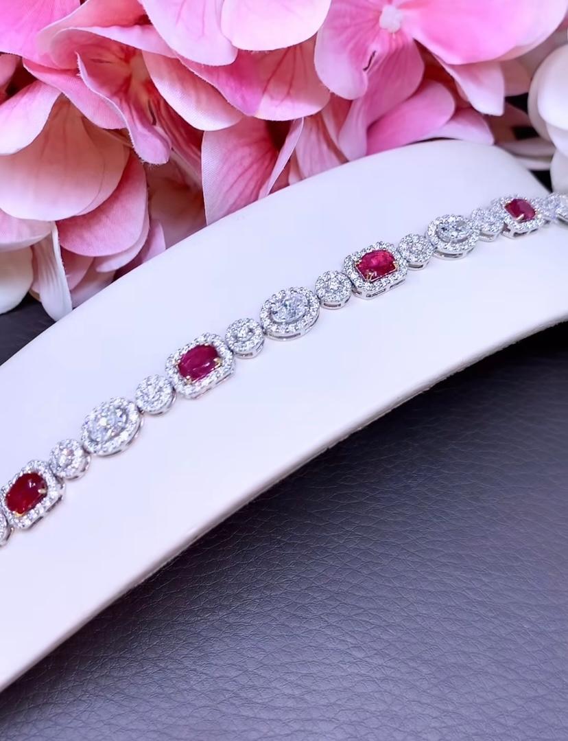 AIG Certified 4.55 Ct Untreated Mozambique Rubies   6.08 Ct Diamonds Bracelet For Sale 2