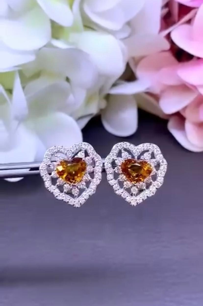 Heart Cut AIG Certified 4.58 Ct Orange Sapphires 1.50 Ct Diamonds 18k Gold Earrings For Sale