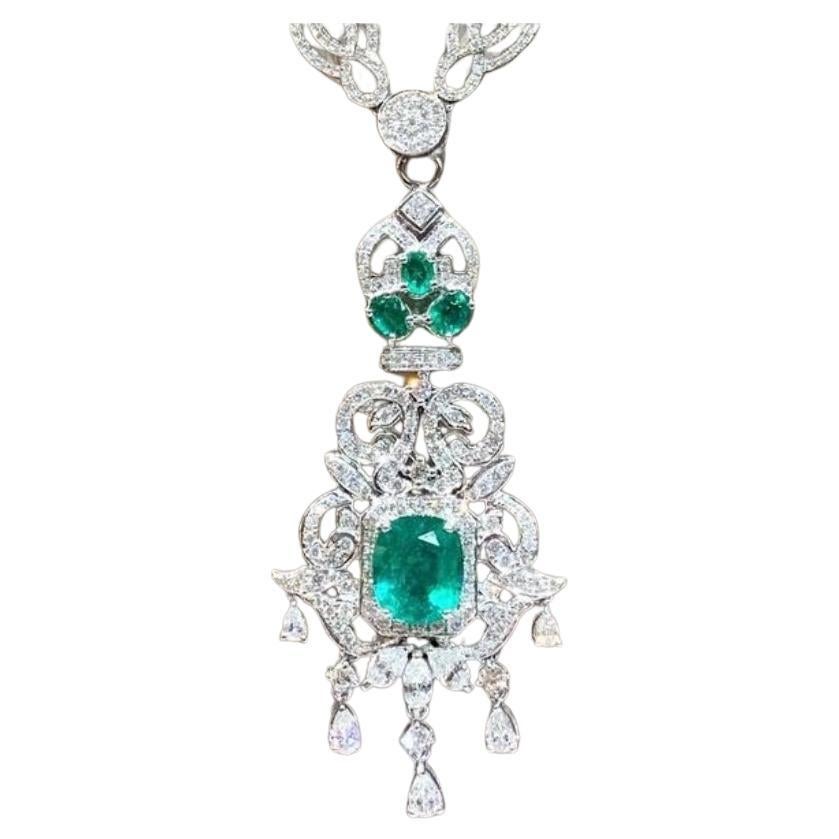 AIG Certified 4.65 Ct Zambian Emeralds 3.90 Ct Diamonds 18K Gold Pendant