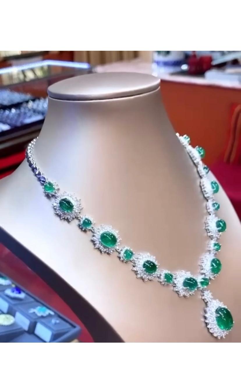 Cabochon AIG Certified 46.80 Ct Zambian Emeralds  13.00 Ct Diamonds 18K Gold Necklace For Sale