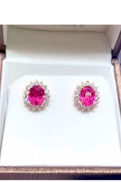 AIG Certified 4.69 Rubellite Tourmaline 1.50 Ct Diamonds 18K Gold Earrings