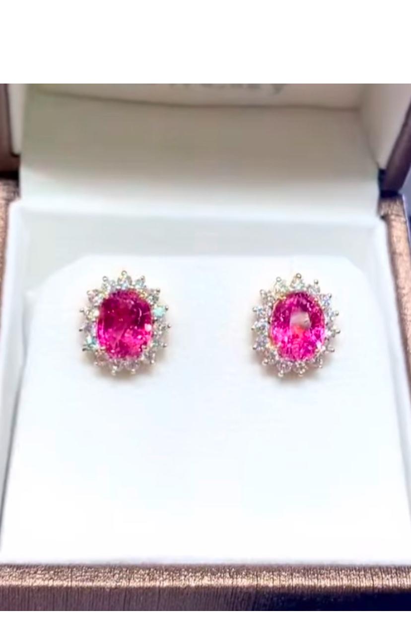 Women's AIG Certified 4.69 Rubellite Tourmaline 1.50 Ct Diamonds 18K Gold Earrings For Sale