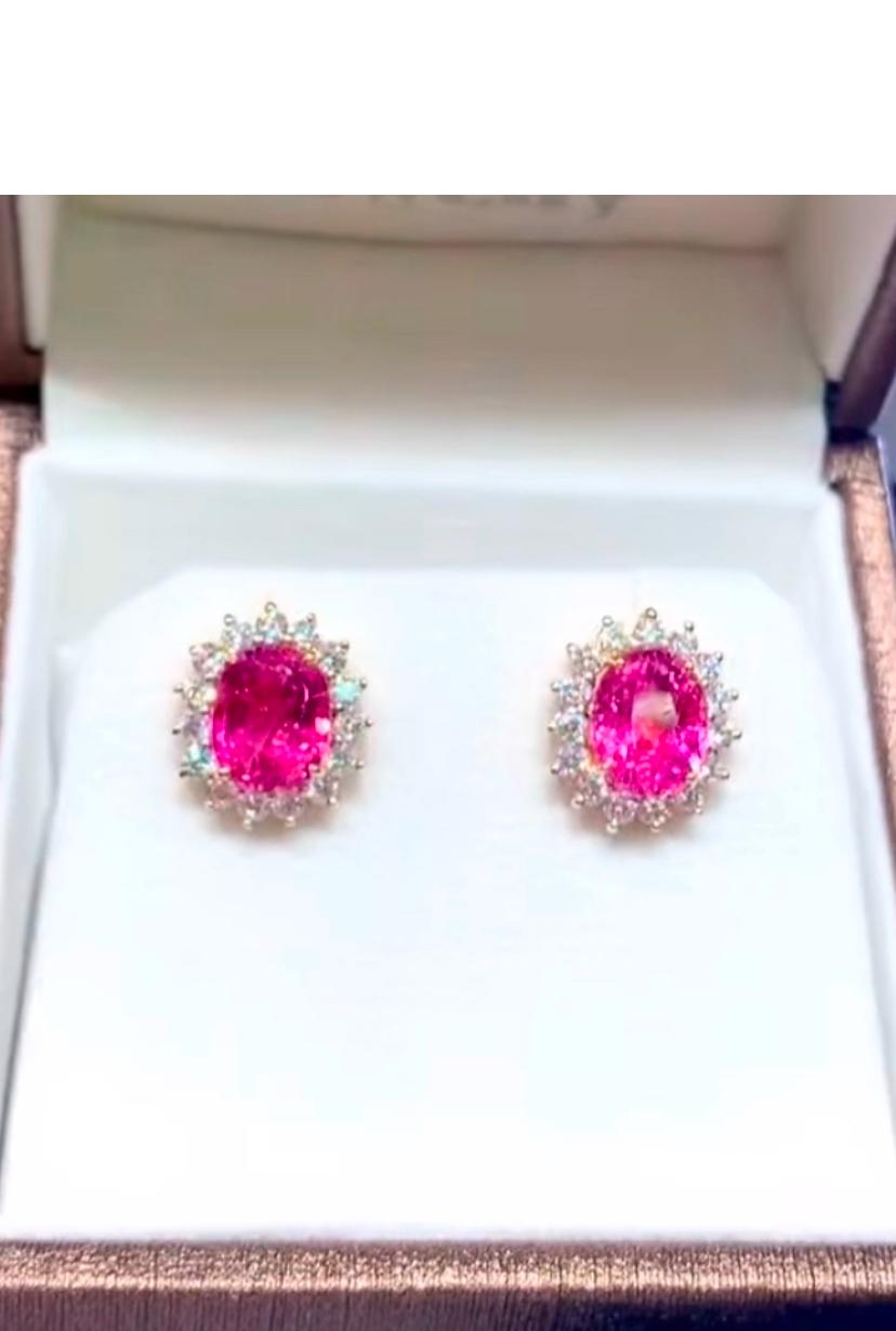 AIG Certified 4.69 Rubellite Tourmaline 1.50 Ct Diamonds 18K Gold Earrings For Sale 1