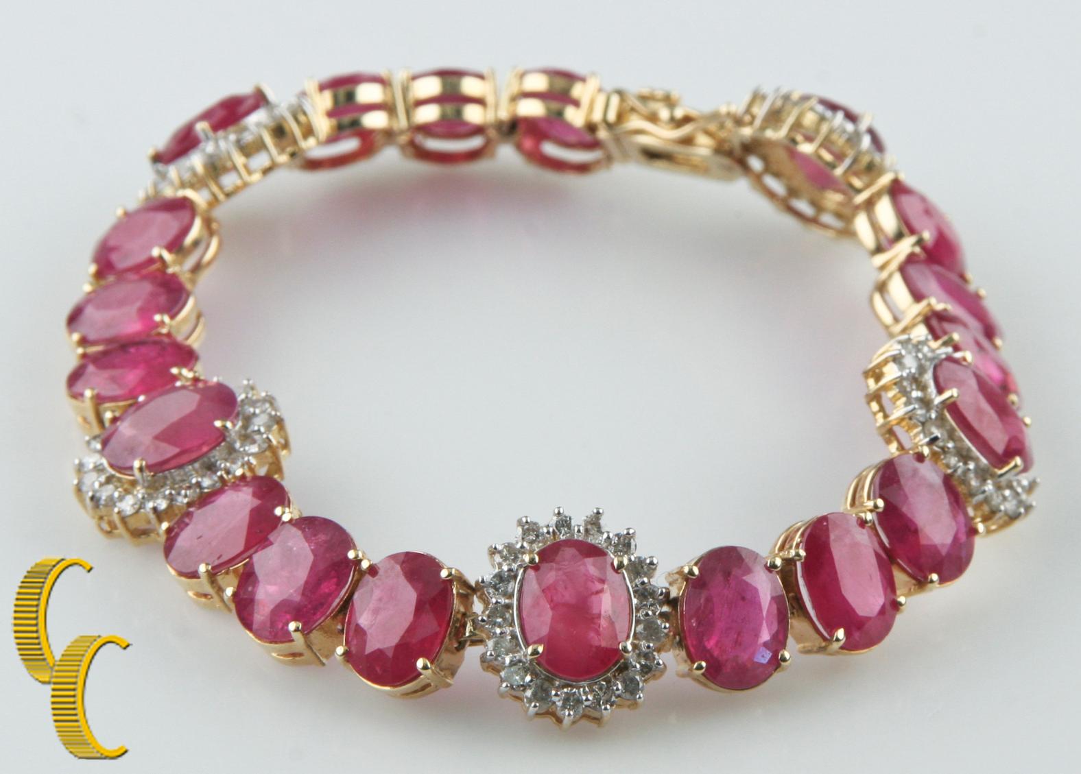 One electronically tested 14KT yellow gold ladies cast & assembled ruby and diamond bracelet
The seven and one-half inch length bracelet features ruby and diamond clusters, interconnected by ruby trios, terminating in a concealed box clasp with