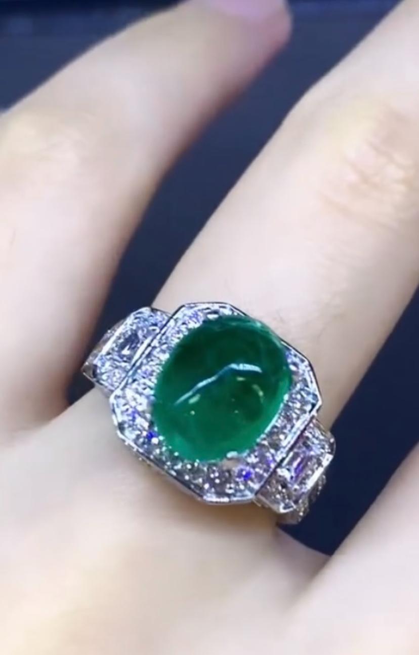 Women's AIG Certified 4.70 Carat Zambia Emerald  1.10 Ct Diamonds 18K Gold Art Deco Ring For Sale