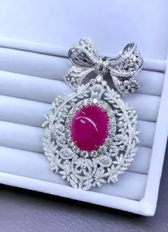 Certified 40 Ct Ruby 8.90 Ct Diamonds 18k Gold Brooch/Pendant