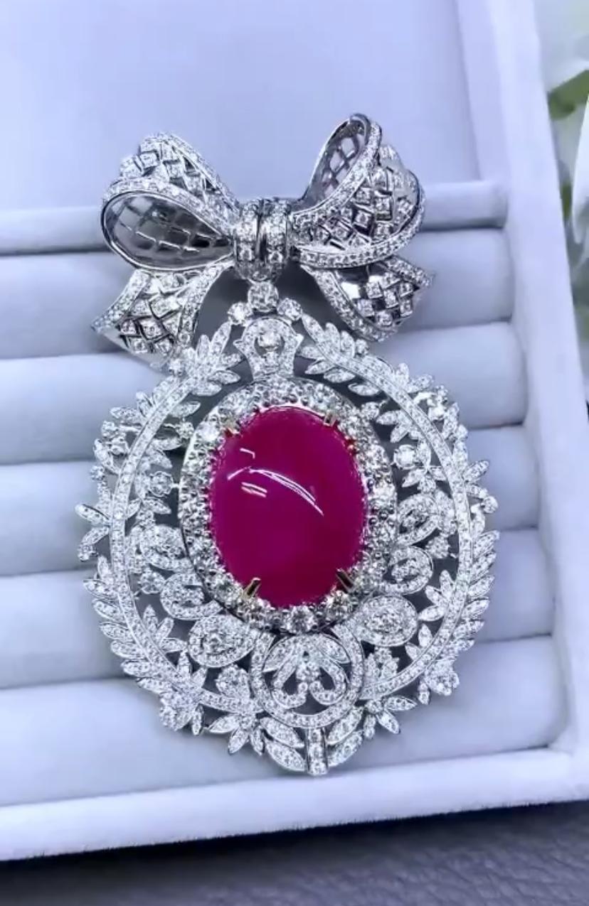 Oval Cut AIG Certified 47.00  Ct Burmese Ruby  8.90 Ct Diamonds 18k Gold Brooch/Pendant  For Sale