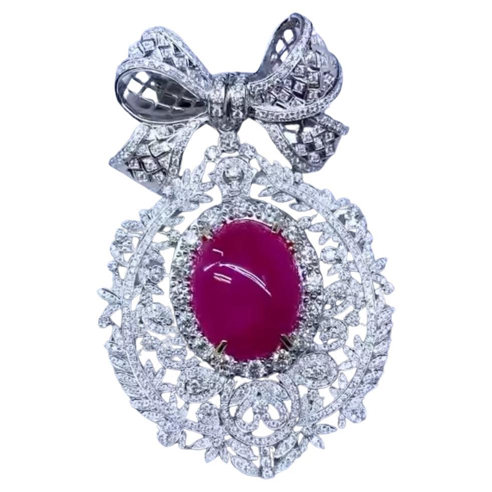 AIG Certified 47.00  Ct Burmese Ruby  8.90 Ct Diamonds 18k Gold Brooch/Pendant  For Sale