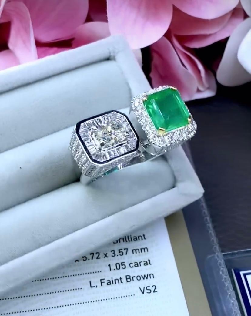 Taglio cuscino Diamanti certificati AIG da 4.80 carati  Smeraldo colombiano da 3,20 carati  Anello in oro 18k in vendita