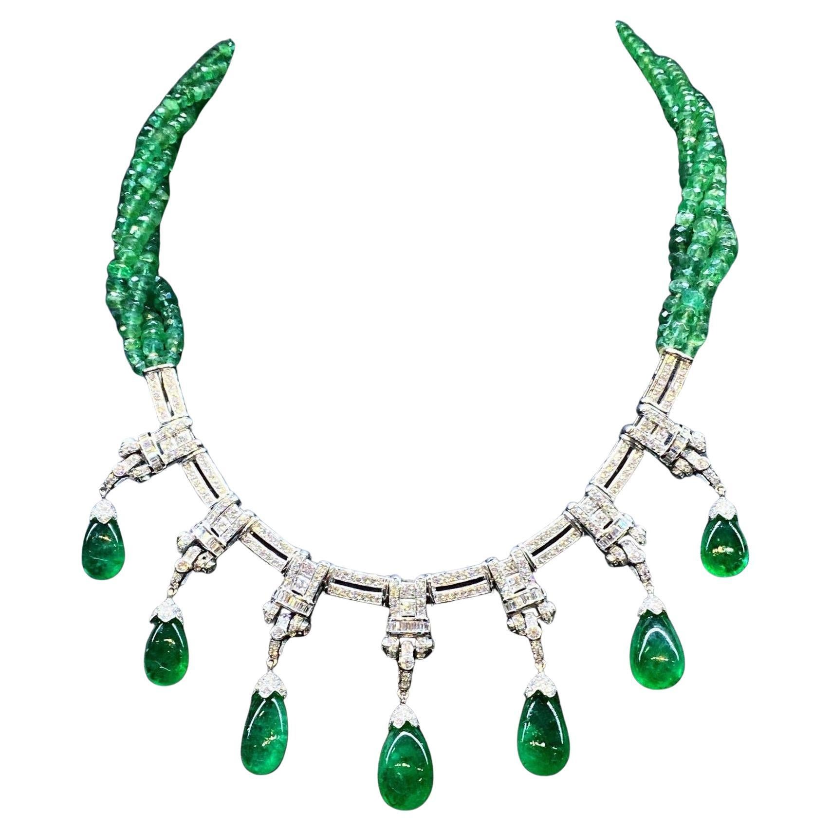 AIG Certified 48.00 Carats Zambian Emeralds  6.50 Ct Diamonds 18K Gold Necklace