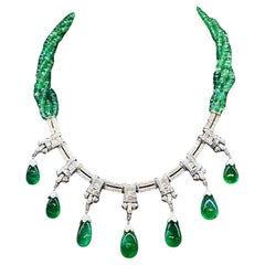 AIG Certified 48.00 Carats Zambian Emeralds  6.50 Ct Diamonds 18K Gold Necklace